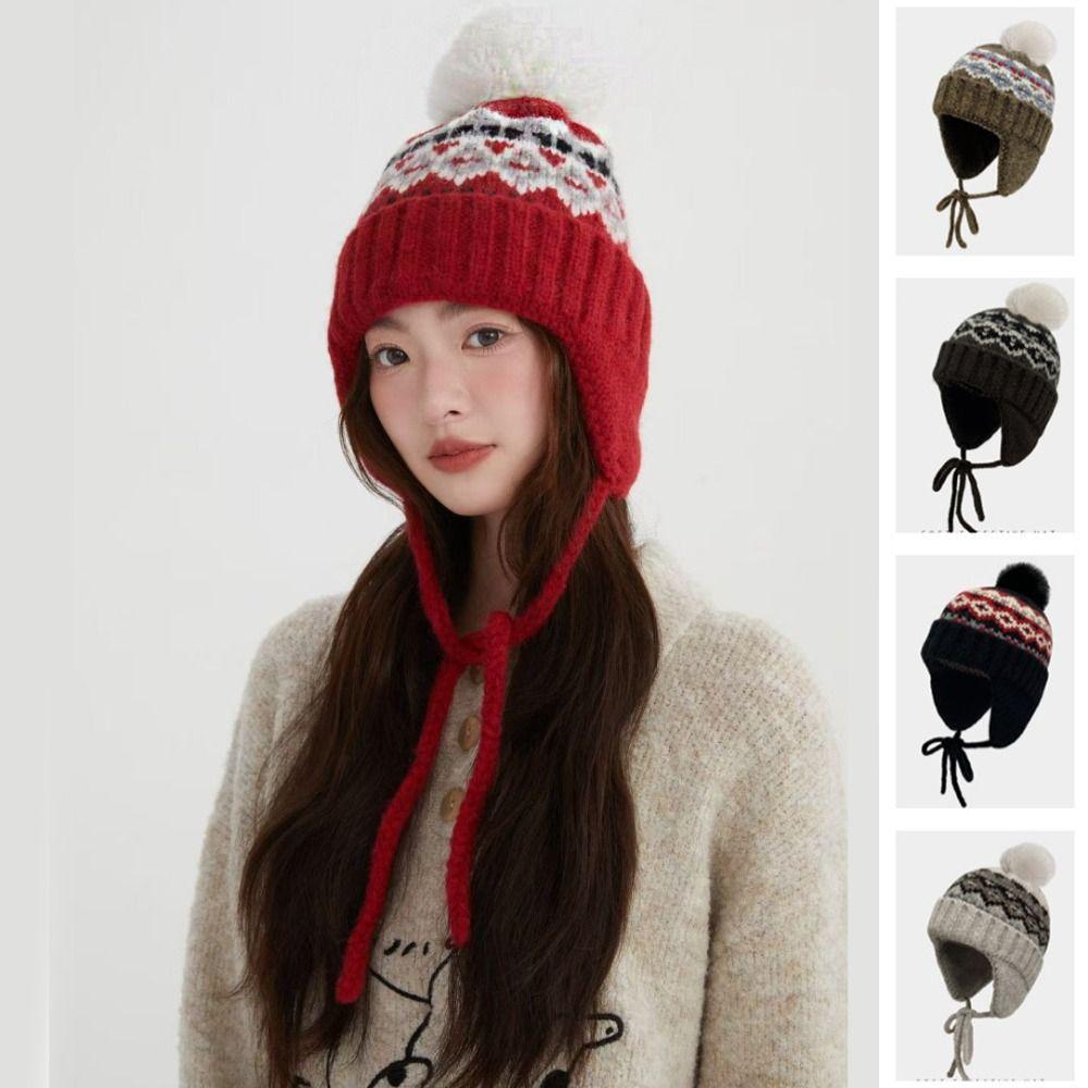 Warm Fair Isle Style Beanies Wool Lei Feng Hat Retro Jacquard Knitted Hat Girls