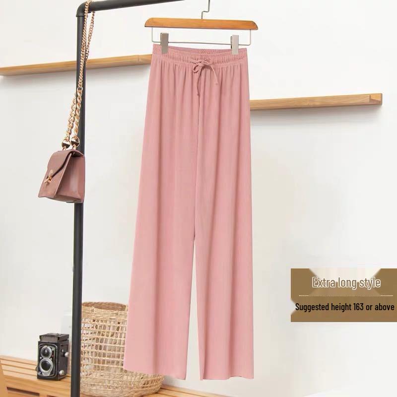 2025 Women's High Waist Wide Leg Ice Silk Pants - Spring/Summer Loose, Slimming, Floor-Length.