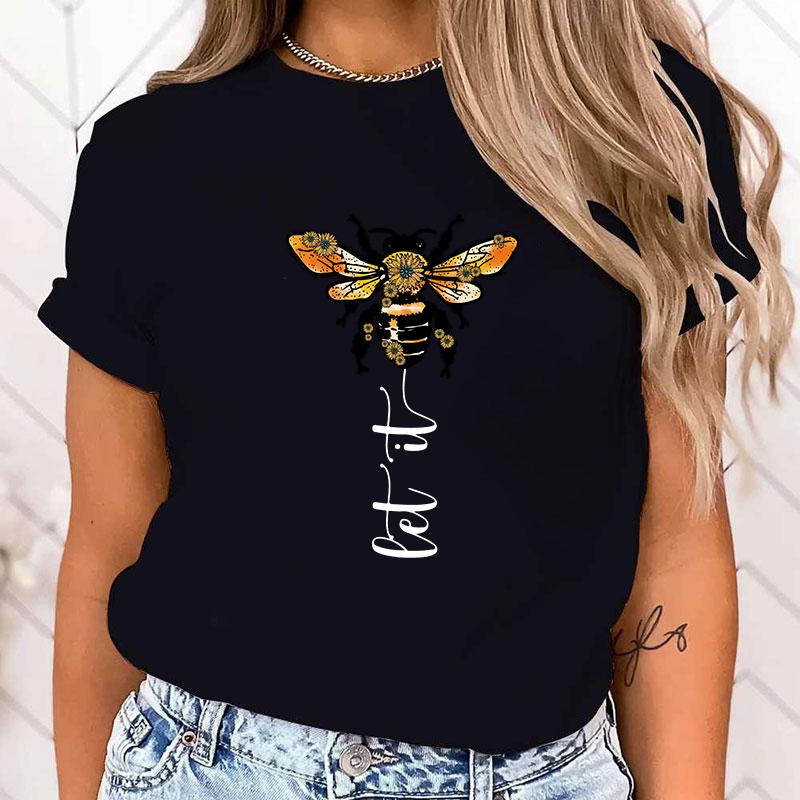 (High Quality T Shirt)Funny Bee Let It Print T-Shirts For Women Summer Round Neck Tee Shirt Femme Fashion Casual T-Shirts