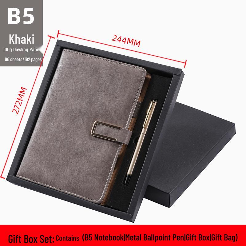Men's Business Notebook with Printed Pages, Leather Cover, Magnetic Buckle, and Pen Holder. Perfect for Meeting Minutes and Office Use.