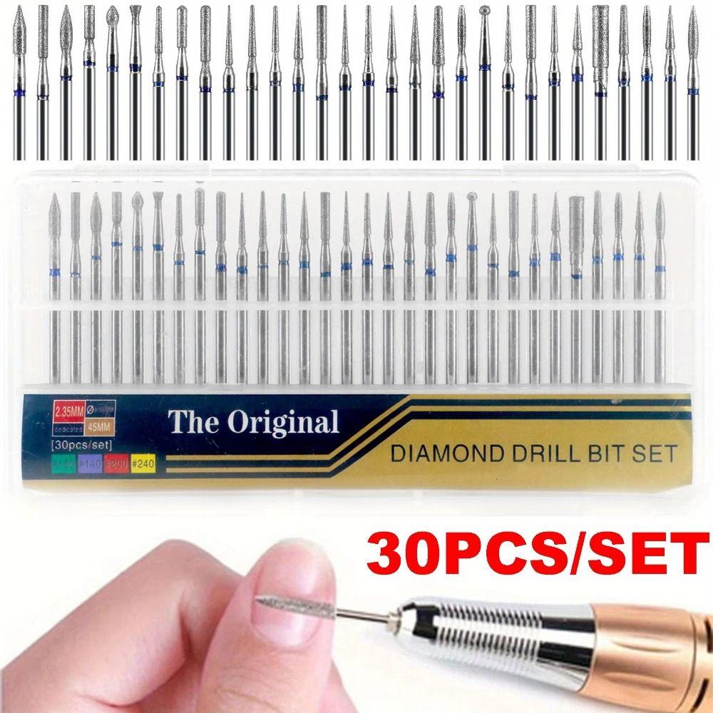 30Pcs Durable Diamond Nail Drill Bits Cuticle Removal Callus Removal Nail Buffing Head Cone Shape Electric Nail Drill Set