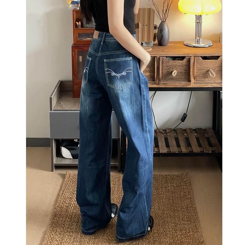 

Женские джинсы с высокой талией, ретро-синие, широкие, с вышивкой - Лето 2025 2XL темно-синий