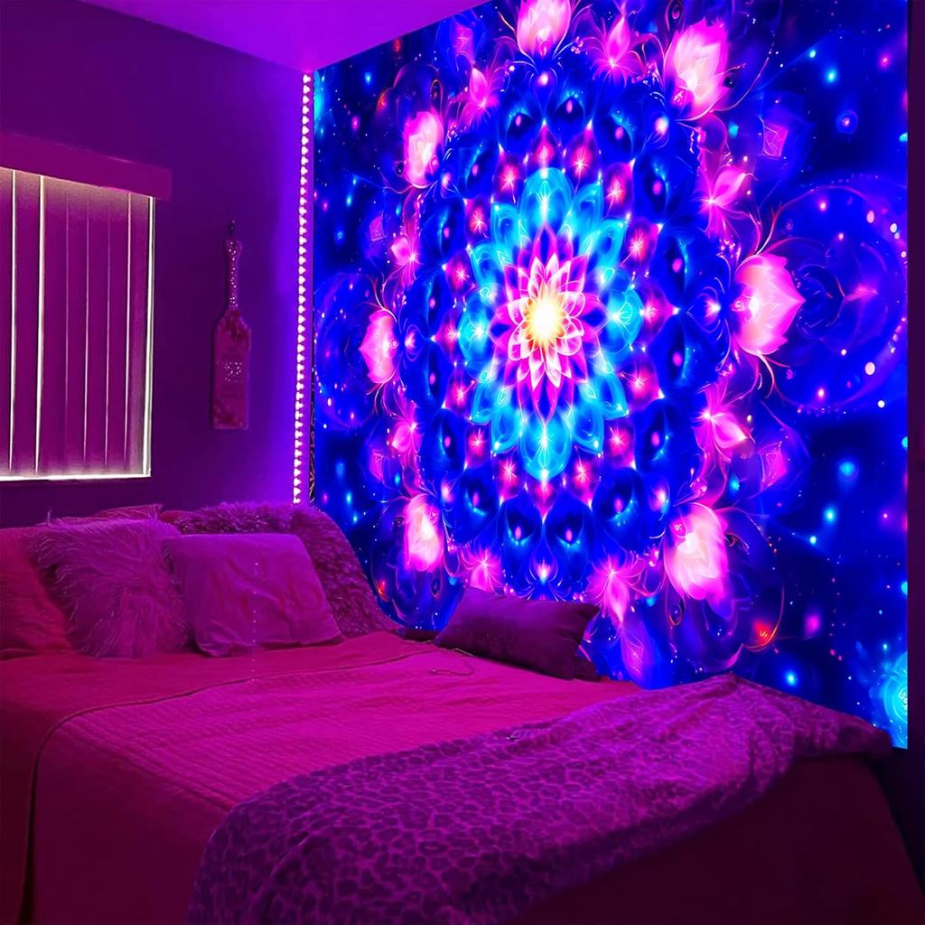 Blacklight Trippy Mandala Tapestry, Boho Black Light Posters for Adults UV Reactive Room Decor for Bedroom Wall