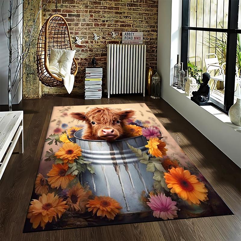 Highland Cow with Flowers carpet Non-slip rug suitable for living room and bedroom sofas