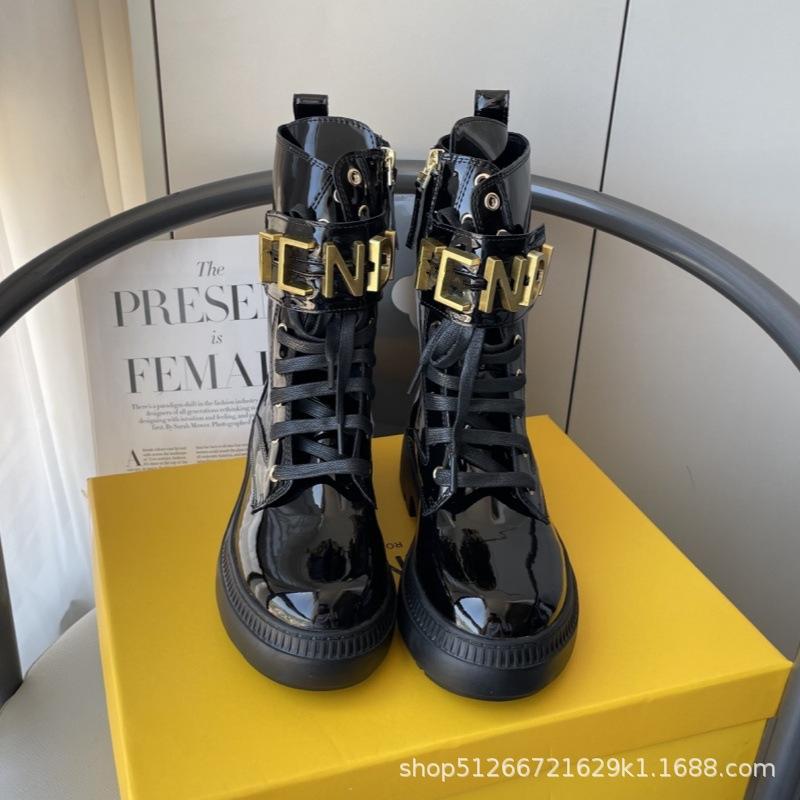 F metal letter 2025 autumn new lace-up thin cowhide locomotive boots thick-soled Martin boots women 35