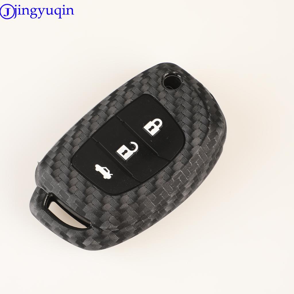 Jingyuqin Silikonowy Pokrowiec na Kluczyk Samochodowy z Włókna Węglowego 3/4 Przyciski Dla Hyundai Creta I10 I20 Tucson Elantra Santa Fe 2016 2017 2018