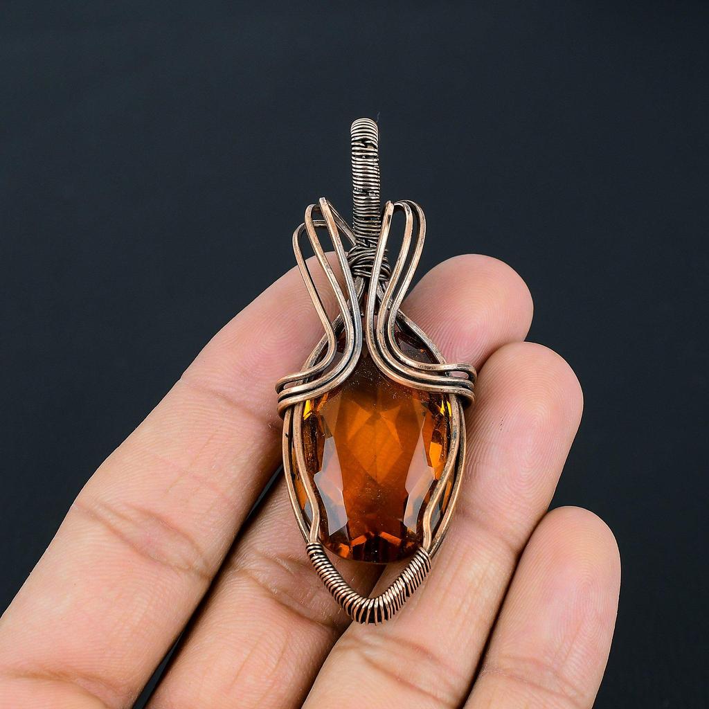 Honey Topaz Gemstone Handmade Pure Copper Wire Wrap Jewelry Pendant For Thanksgiving