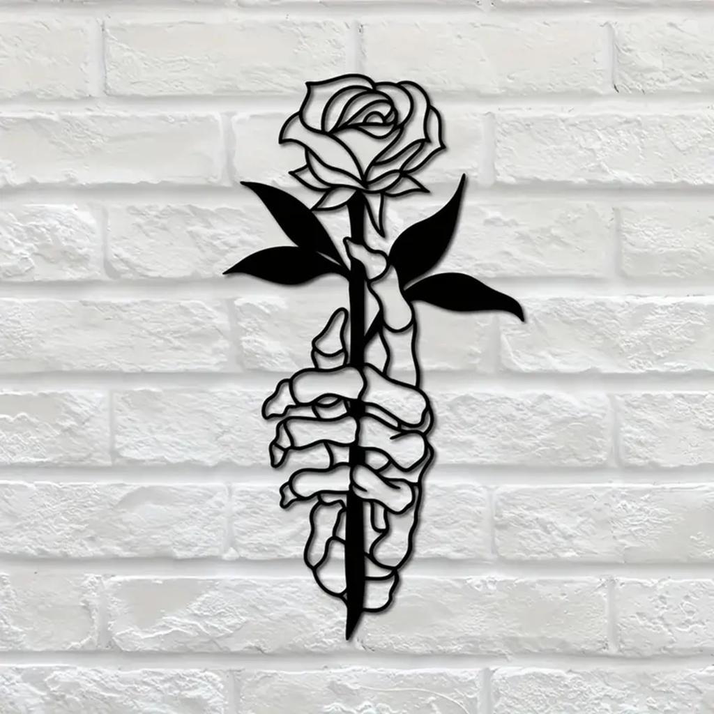 Metal Skeleton Hand Holding Flower Art Wall Decoration Metal Wall Art Decor For Bedroom Living Room Bathroom Bar Decor
