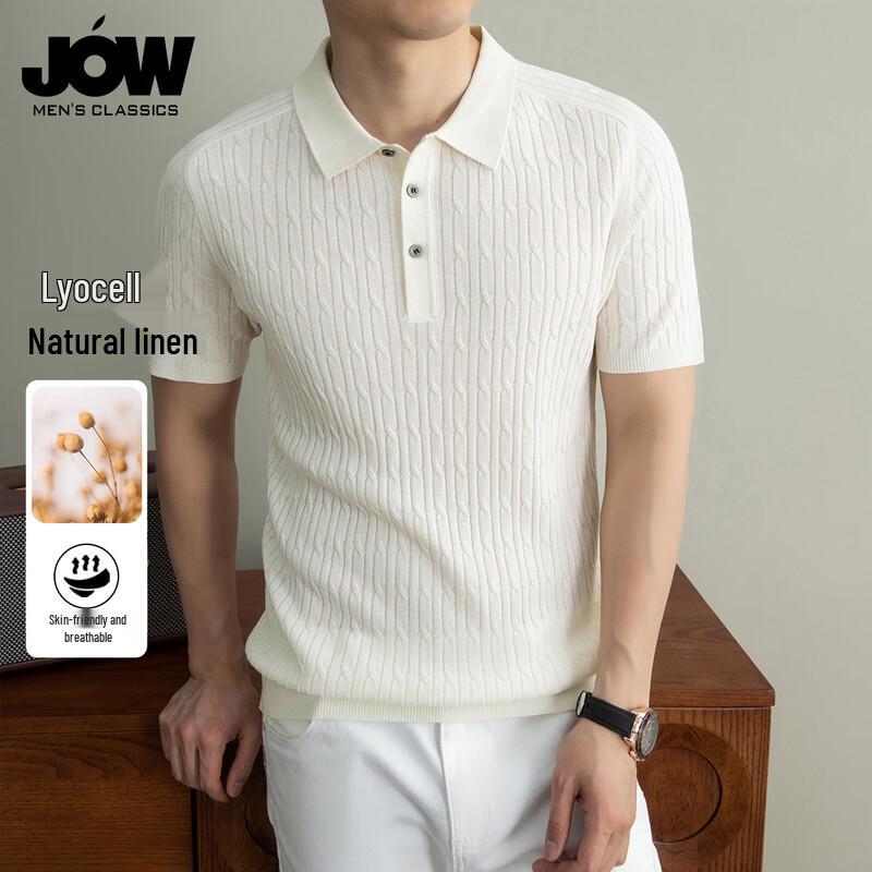 JOW Men s Tencel Linen Vertical Stripe Jacquard Knit Polo Shirt 3XL