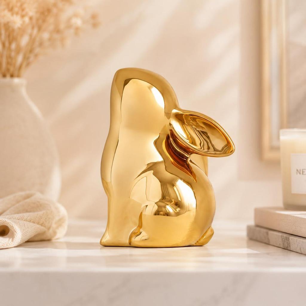 Ceramic Rabbit Figurines Set of 2, Gold Decorative Bunny Statues for Home Decor, Small Modern Animal Showpieces