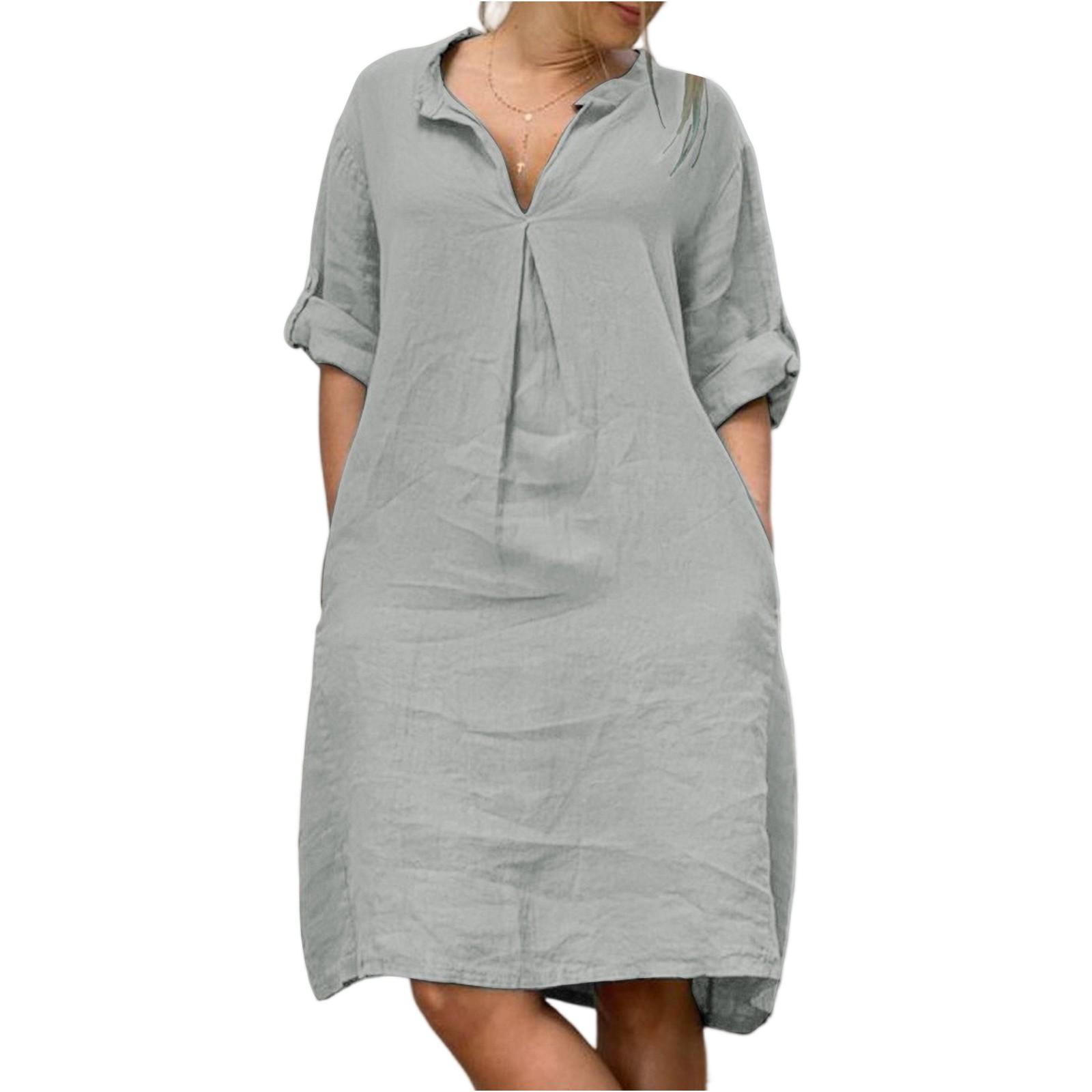 

Женские хлопковые льняные повседневные платья с V-образным вырезом и длинным рукавом со скидкой L