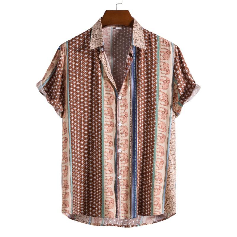 

Men Ethnic Geometric Elephant Print Turn Down Collar Short Sleeve Casual Button Up Shirt XL