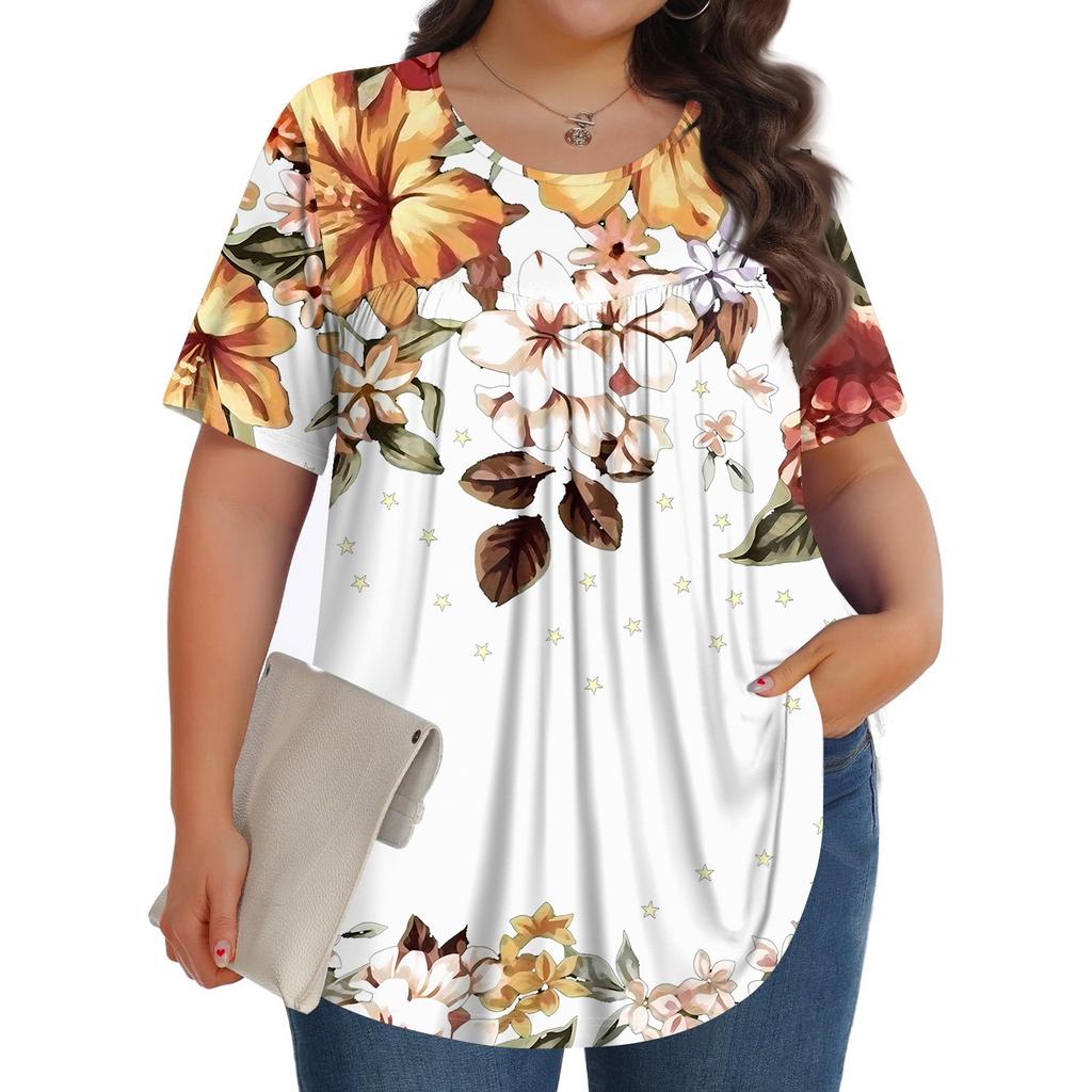 Women's Fashion Casual  Print Round Neck Short Sleeve Top Womens Plus Size Tops