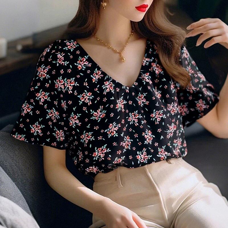 

ZANZEA Женская повседневная блузка с V-образным вырезом, короткими рукавами и цветочным принтом 4XL