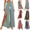 Summer Boho Wide Leg Pants Women Culottes Floral Side Split Oversized Skirt Pants Bohemian High Waist Tassels Beach Trousers