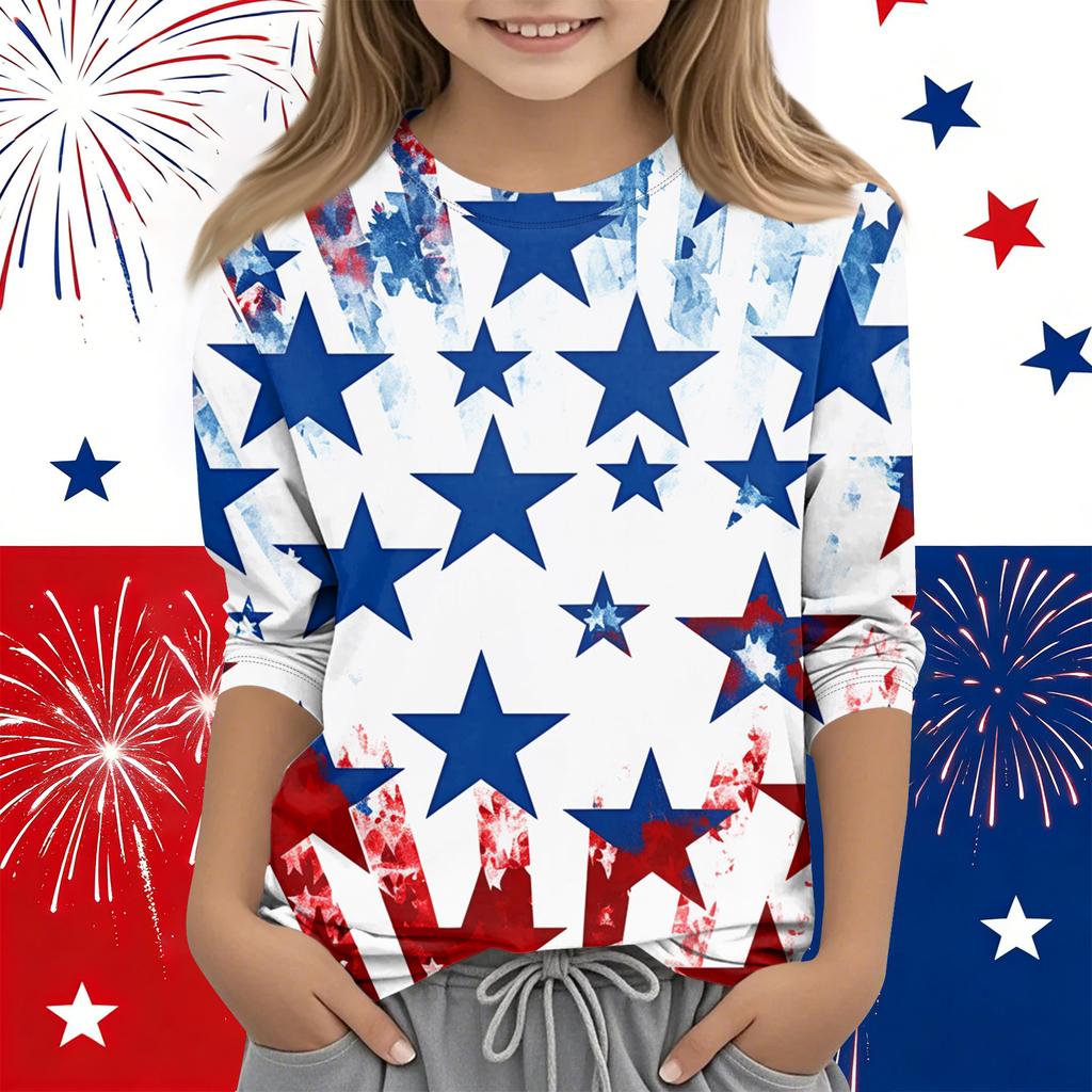 Print-Oberteile für junge Mädchen Rundhals 3/4-Ärmel T-Shirts Trendige Oberteile Outfit-T-Shirts Unabhängigkeitstag