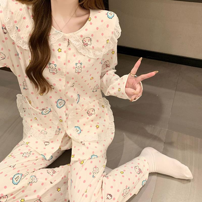 Doll Collar Pajamas Women'S Long-Sleeved Cartoon Polka Dots Cute Cloud Cotton Loungewear Suit Can Be Worn Outside
