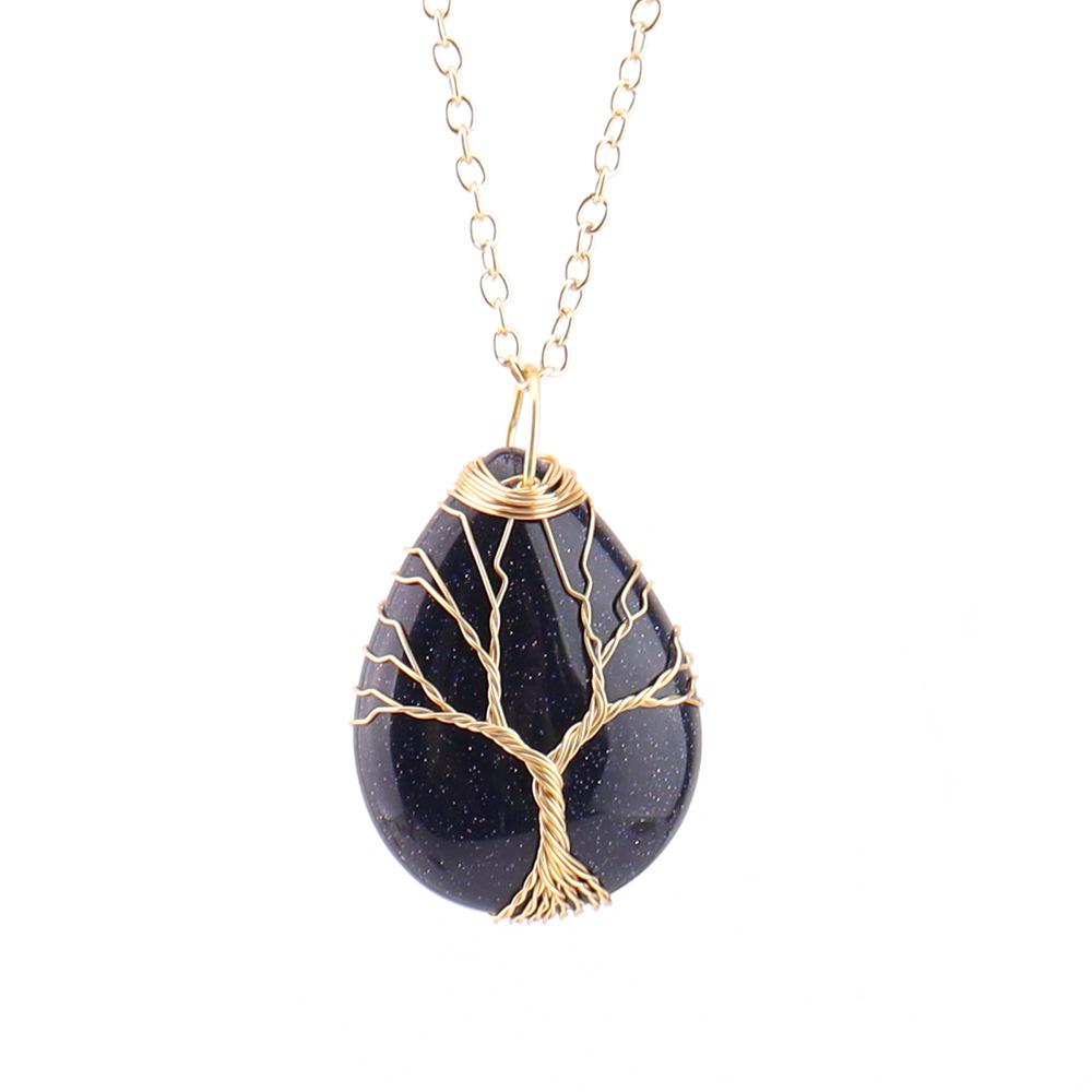Natural Crystal Water Drop Leaf & Tree of Life Pendant Necklace for Women, Alloy Woven Jewelry Accessory N749