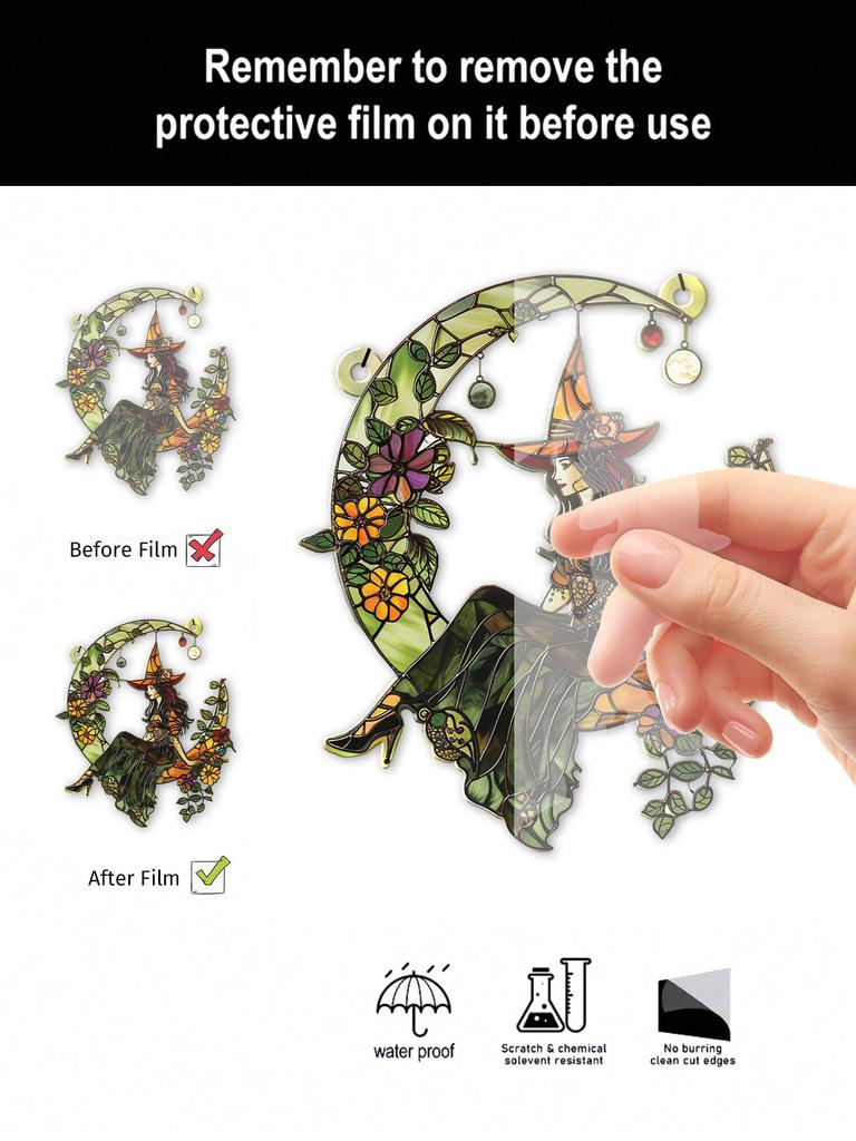 Acrylic Halloween Witch On Moon Suncatcher, Colorful Floral, Art Leaf, Crescent Moon Hanging Window Ornaments for Home & Garden