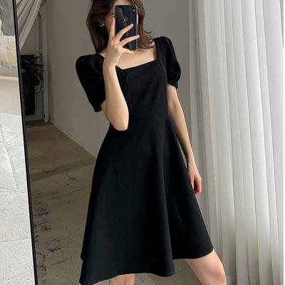 Hepburn Style Little Black Dress Women's Summer New French Retro Square Collar Medium and Long Black Bubble Sleeve Dress