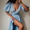 Pure cotton lace-up five-quarter-sleeved long dress, European and American spring and summer new bubble-sleeved dress, long dress for women