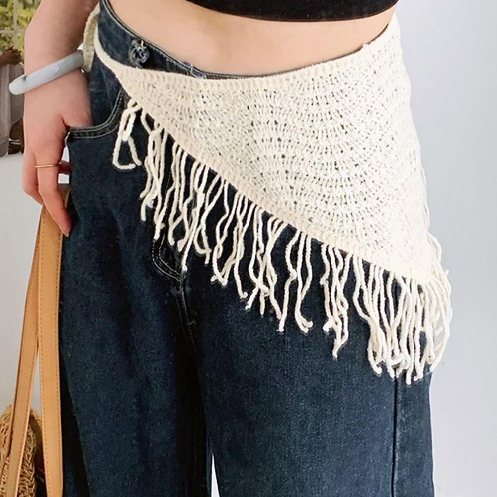 Bohemian Knitted Butt Flap Hollowing Out Tassel Hip Apron Triangular Scarf Tie Straps  Women Girls