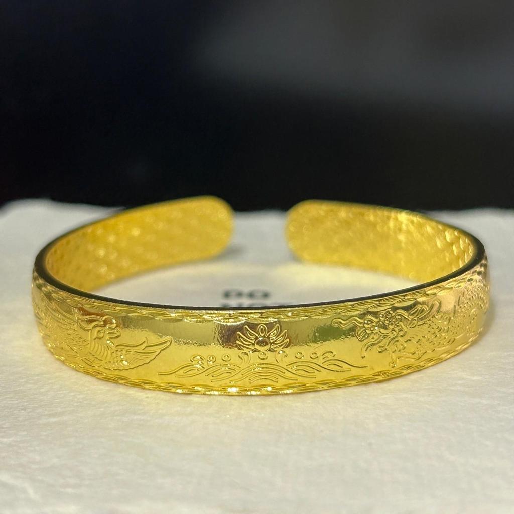 Gold-Plated Peony Heart Sutra Wide Band Open Bangle for Women