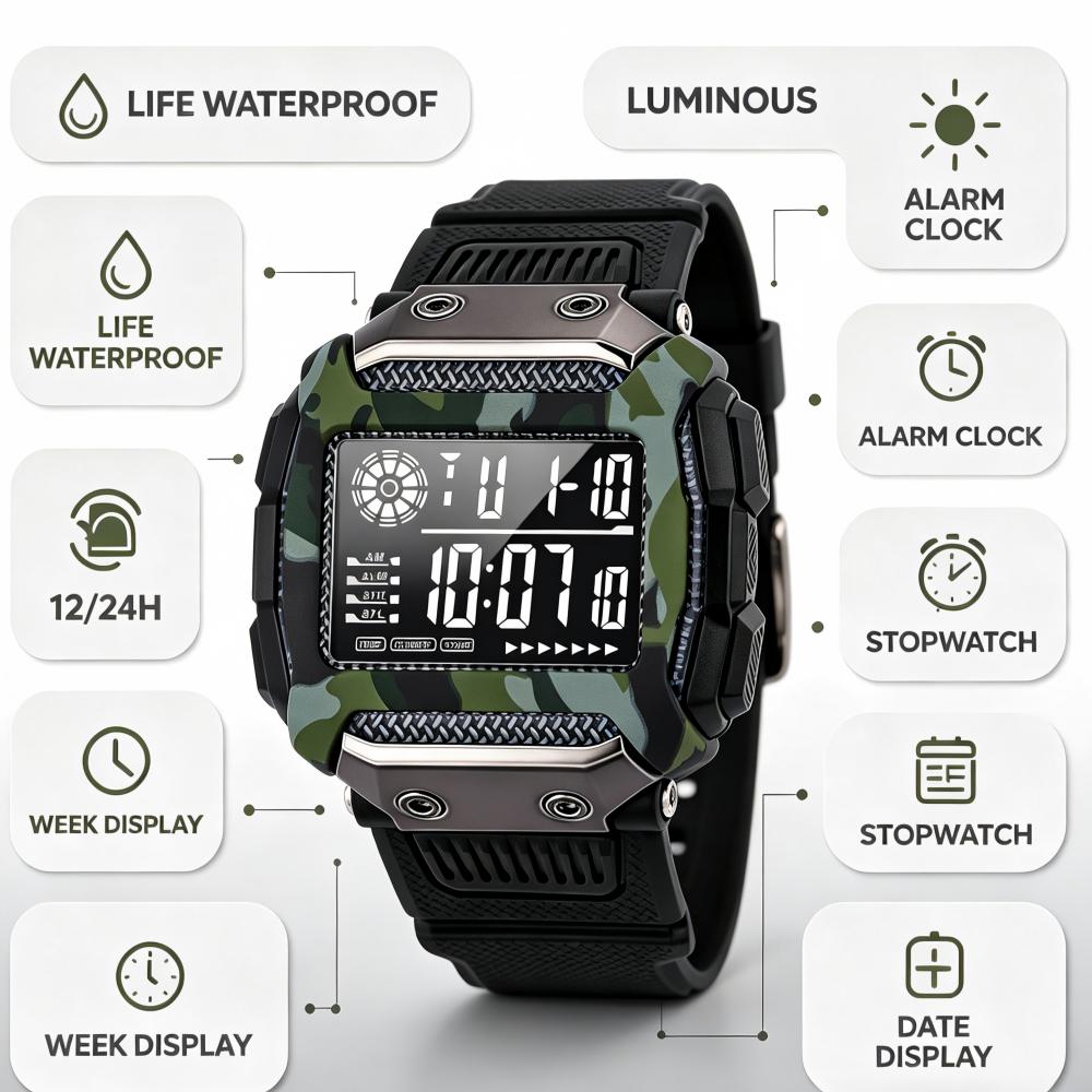 Military Sports Watch for men Waterproof Alarm-clock Luminous Stopwatch Running LED Digital Watch for man kids Boy Student Teen