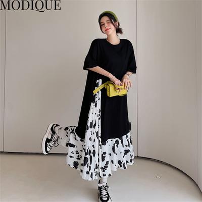 MODIQUE Sommer Plus Größe Neue Frauen Grundlagen Lose Gespleißt Chiffon Dot Druck Lange Kleider Weibliche Oversize Casual Baumwolle Kurzarm O-ansatz Kleid