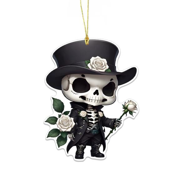 Halloween Car Ornament Cool Skeleton Acrylic Car Rearview Mirror Charm 2D Flat Skull Hanging Pendant for Car Interior Backpack Accessory