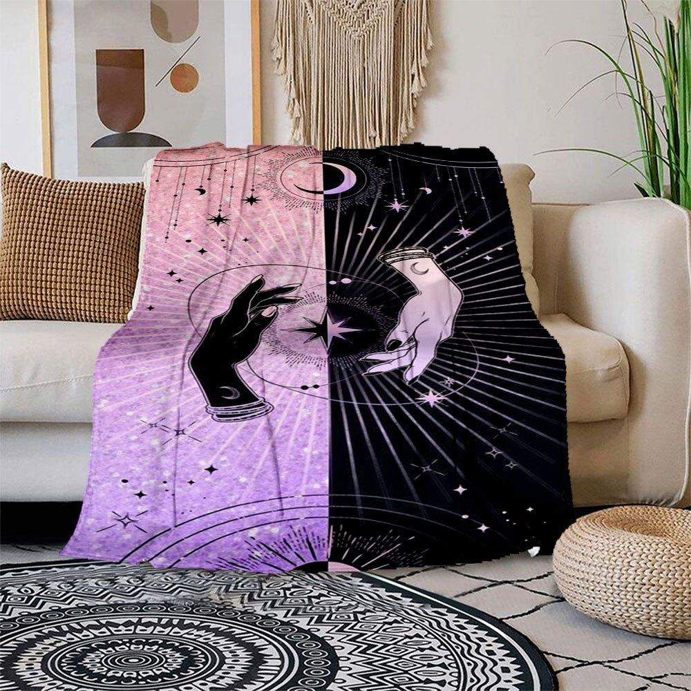 Magical Hands: Celestial Stars Moon Crescent Illustration Art Print Blanket Flannel Throw Blanket for Sofa, Bed, Travel, Camping, Office 100x150cm