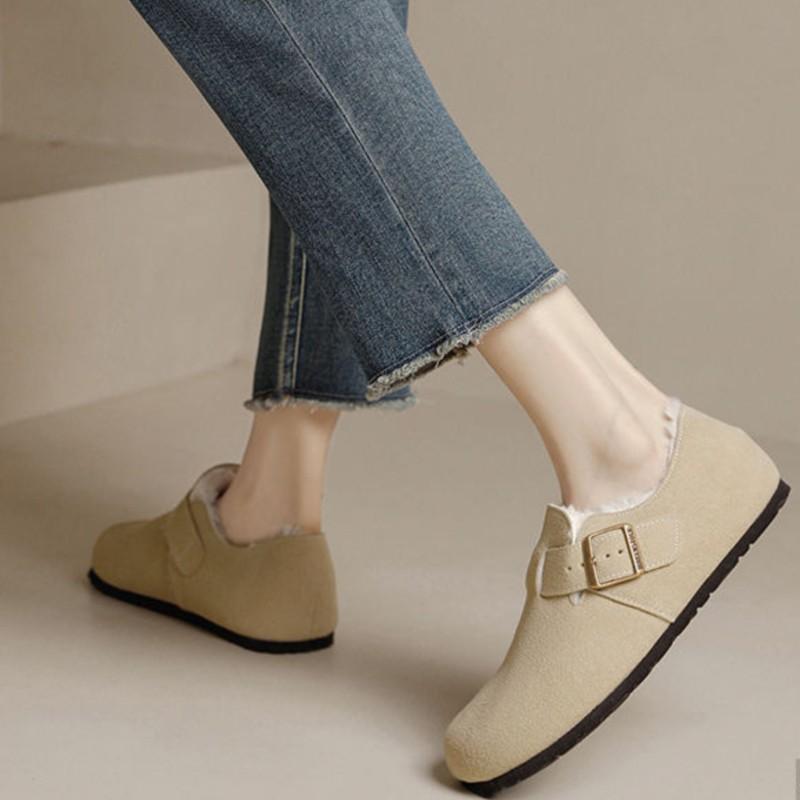 Fashion Crestar Winter Fur Lined Suede Slipper For Women Outdoor Keep Warm Non-slip Flat Mule Slipper New Lady Round-toed Home Slippers