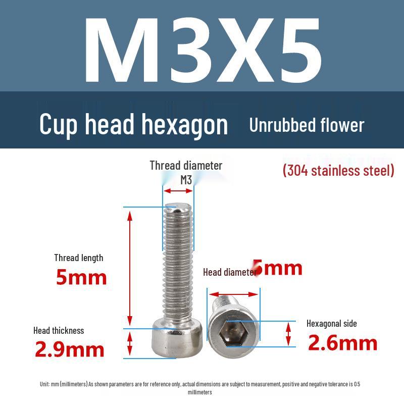 Yigu 304 Stainless Steel Socket Head Cap Screw, M2-M6 Cylindrical Head, Full Thread, Non-Knurled