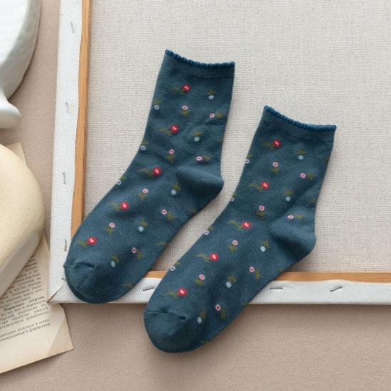 Cartoon Puppy Embroidery Cute Socks Women Autumn and Winter Middle Tube Socks Korean Striped Cotton Knitted Elastic Long Socks