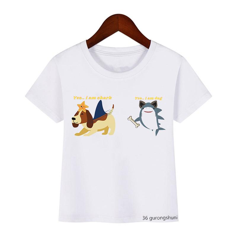 

Cute Boys Girls Kawaii Sharking with Sharkdog Cartoon Print Children S Tshirt Summer Baby Clothes White Short Sleeve Tops 100