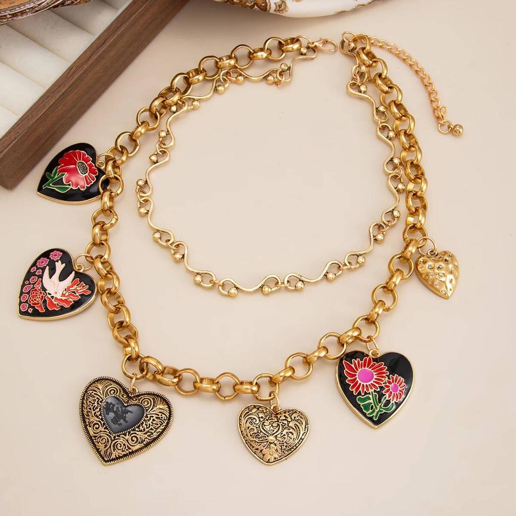 Salircon Vintage Luxury Colorful Alloy Heart Pendant Women Double LayerEnameled Flower Applique  Trendy Accessories Jewelry