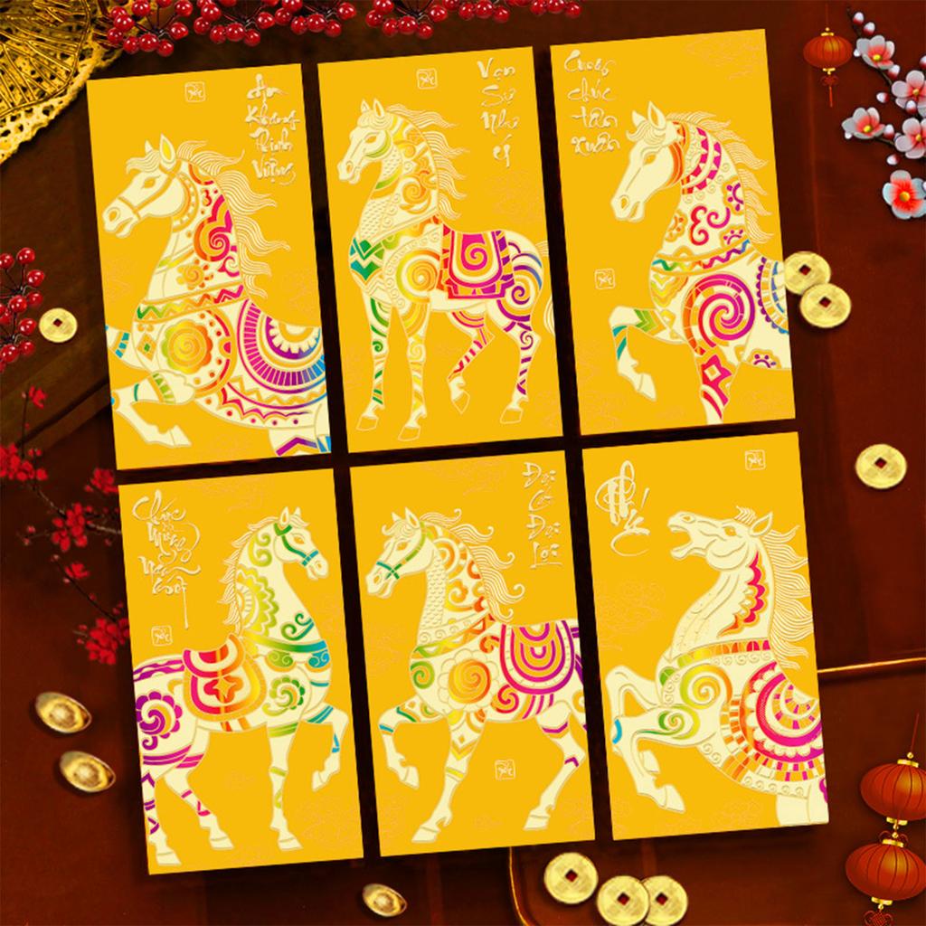 Pack of 6 Vietnamese Lunar New Year Red Envelopes With Festive Horse Design and Matte Finish for 2026 Celebrations