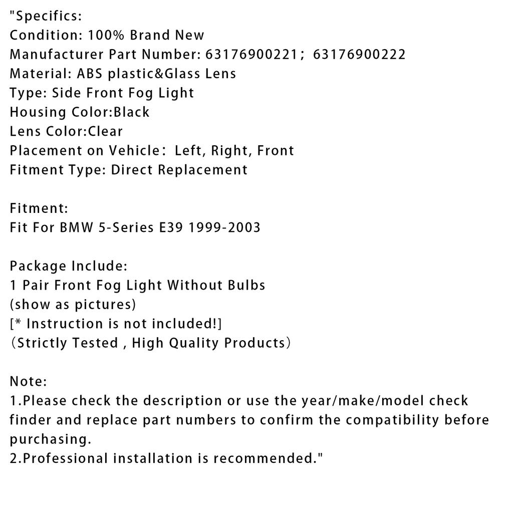 Pair Front Bumper Fog Light Without Bulbs For BMW E39 5-Series 1999-2003