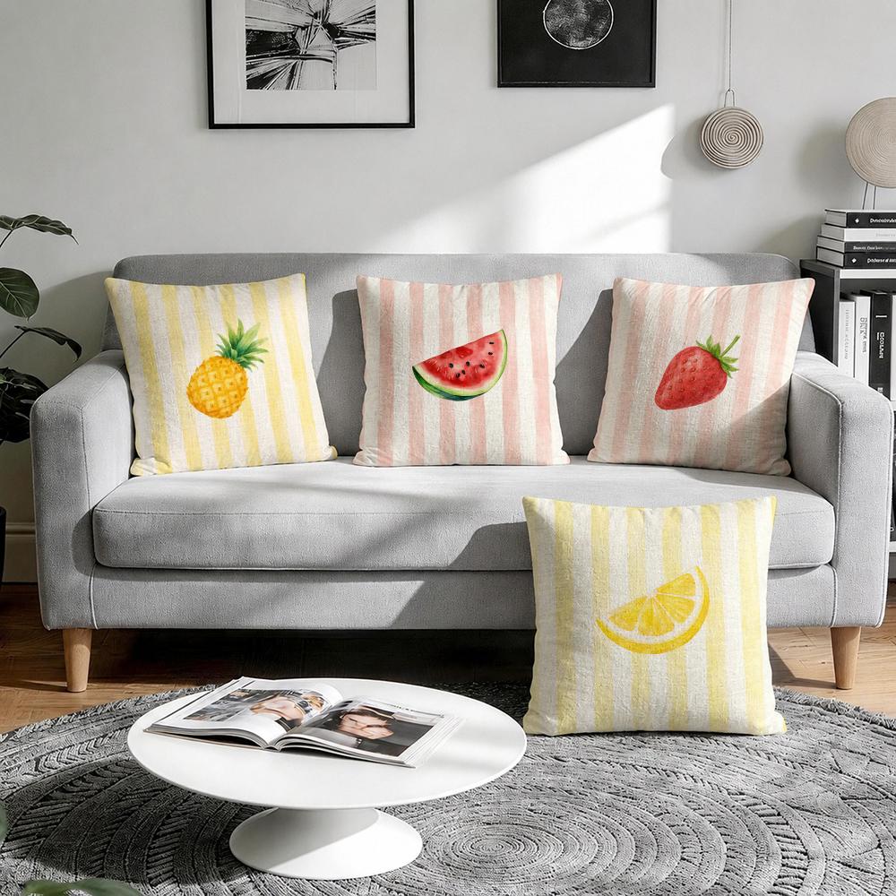 Modern Minimalist Striped Lemons Cushion Cover Natural Breathable Durable Linen Printed Decor Pillow Case Sofa Bedroom