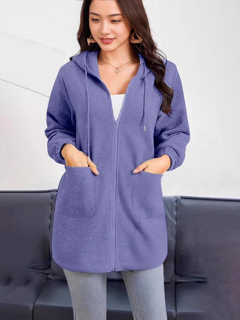 2025 Women's European & American Casual Hooded Long Jacket with Zip Pockets