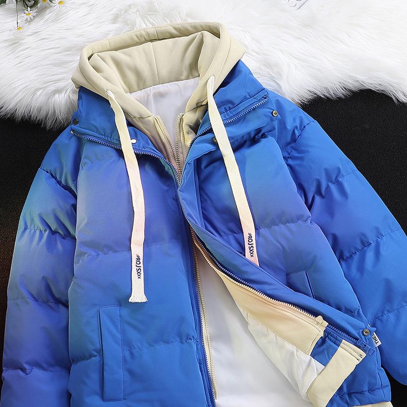 

Модне потовщене бавовняне пальто з капюшоном, водонепроникне та стійке до обростання, парний стиль, імітація двосекційного дизайну. XL синій