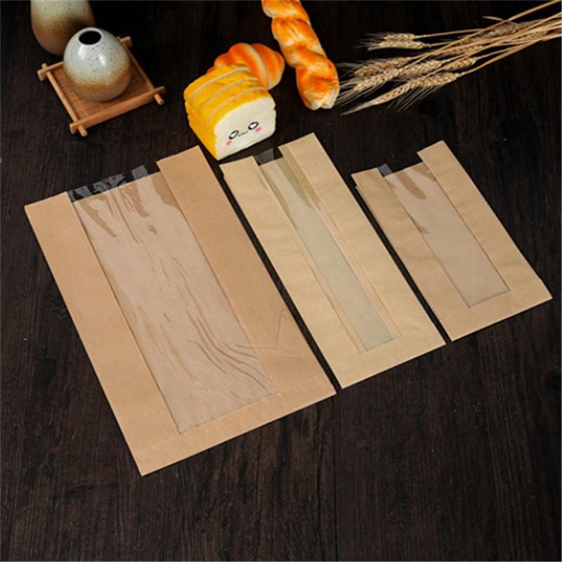 100Pcs 450g Bread Oil-Proof Food Paper Bag Window Transparent Toast Baking Packing Bags Brown White Solid Color