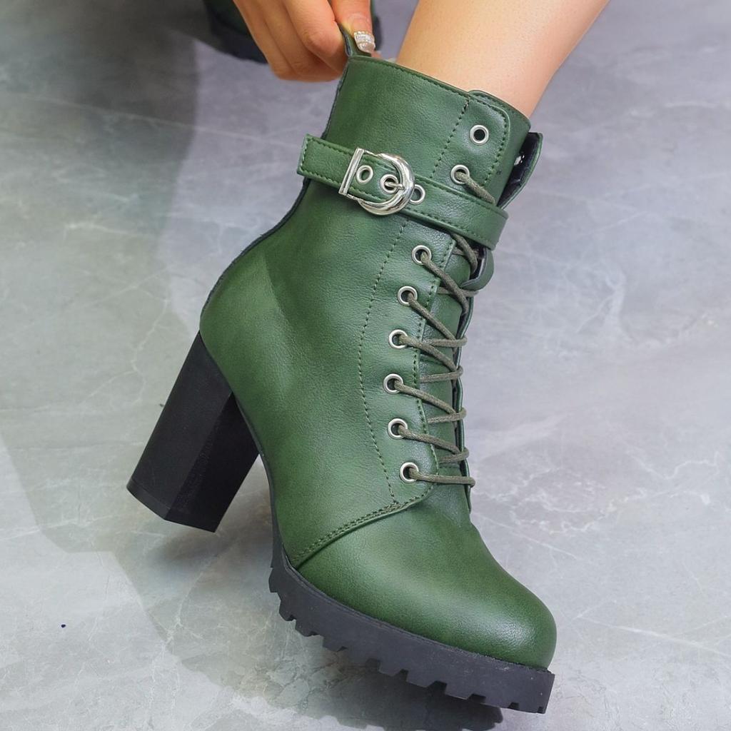 Autumn and winter new high-heeled short boots large size belt buckle European and American side zipper thick-heeled boots Martin boots
