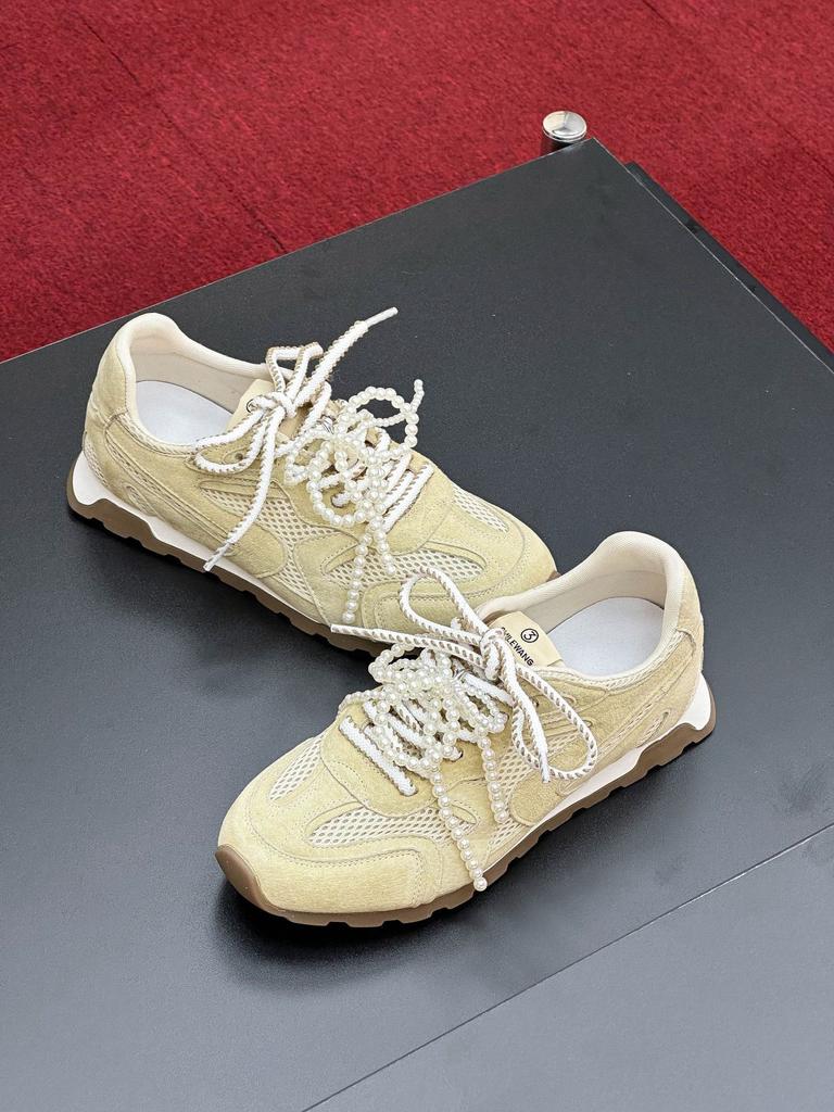 Retro Casual Shoes Mesh Leather German Training Shoes Women's 2025 Spring New Breathable Pearl Casual Fashion Forrest Gump Shoes