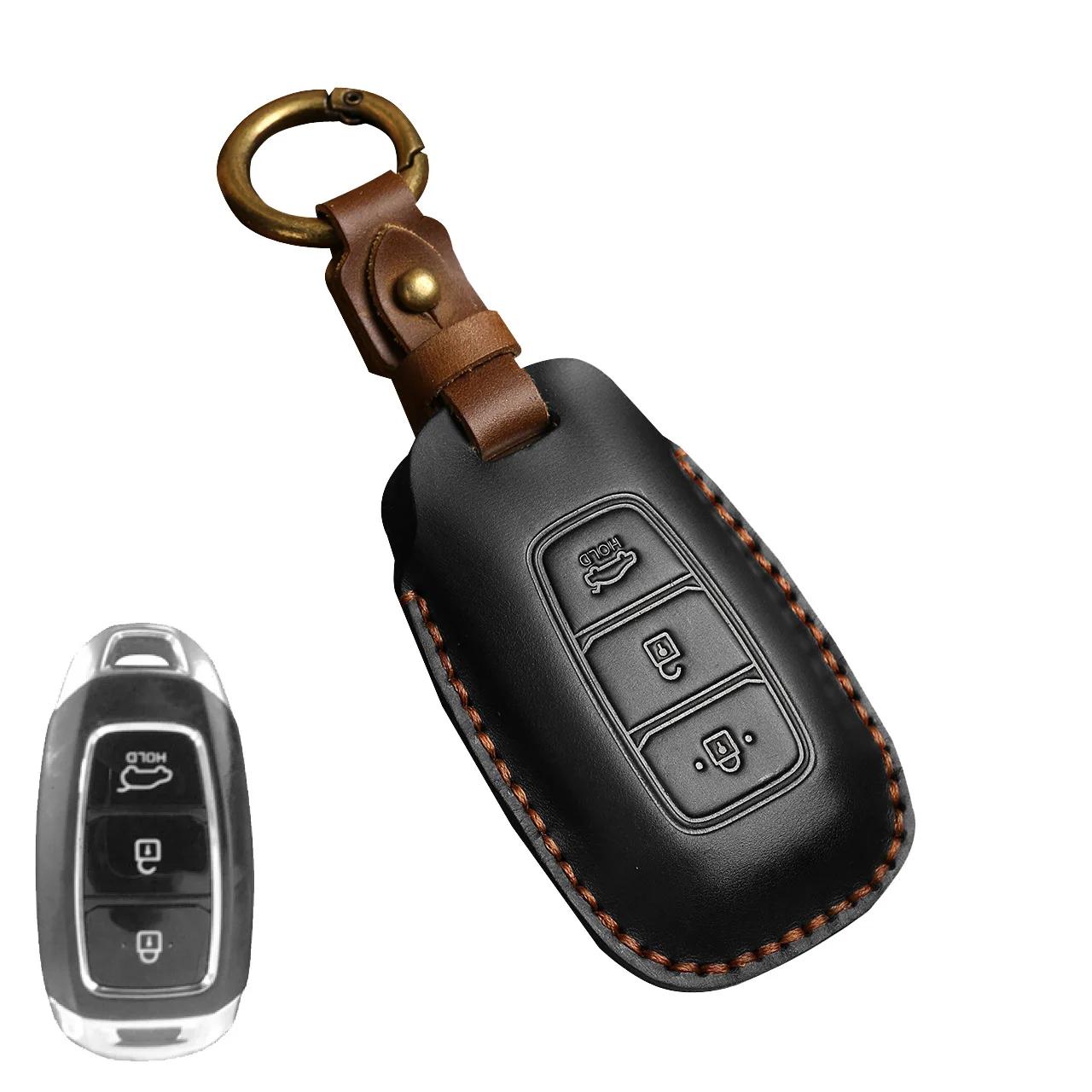 

Leather Car Key Case Cover Fob Protect For Hyundai Fista I30 I35 I40 Kona Elantra Solaris Grandeur Accent Santa Fe Holder Shell