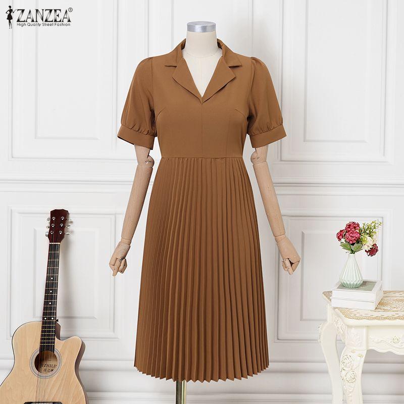 ZANZEA Women Elegant Turn Down Collar Casual Short Sleeve Pleated Dress