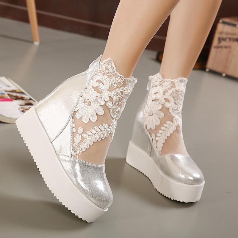 Sandales à Plateforme Épaisse pour Femmes, Augmentation de Hauteur Intérieure, Bout Ouvert, Talons Hauts à Plateforme Dentelle Douce