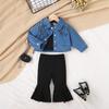 Girls' Leisure Suit Spring and Autumn Children's Floral Denim Coat Solid Color Halter Bell Pants Suit