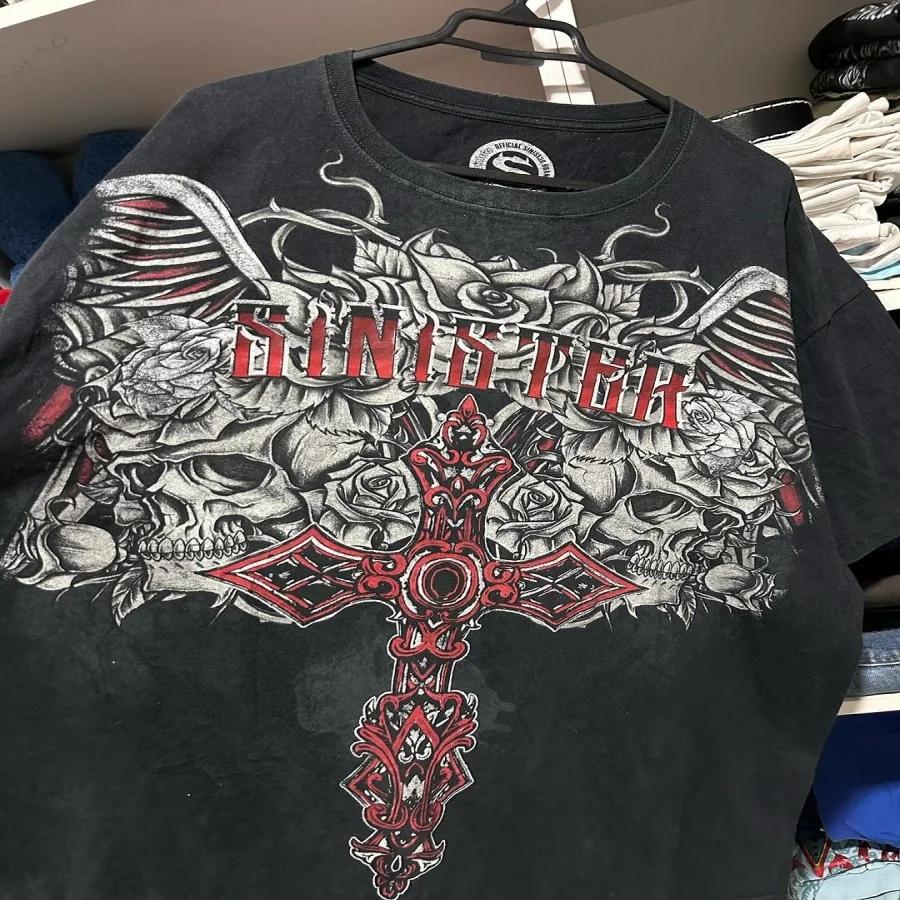 Y2K Style Gothic Affliction Distressed Cotton Shirt Oversized Punk Graphic Print Washed Soft Round Neck Tee Retro Short sleeve
