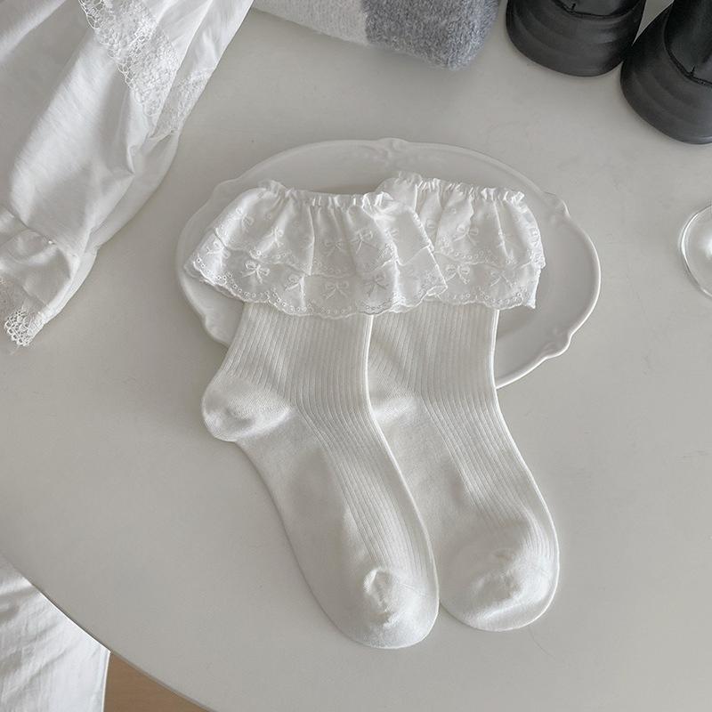 

Lace Socks, Women s Mid-calf Socks, Sweet Spring and Autumn Pairing, Small Leather Shoes, Pile Socks 1 pair білий